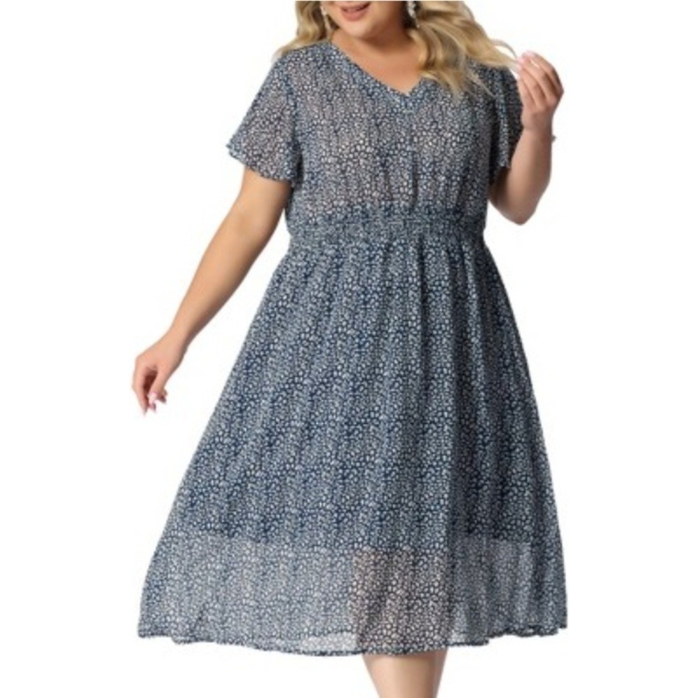 Agnes Orinda‎ 2X Plus Size Blue Leopard Print V-Neck Midi Dress Short Sleeve NWT